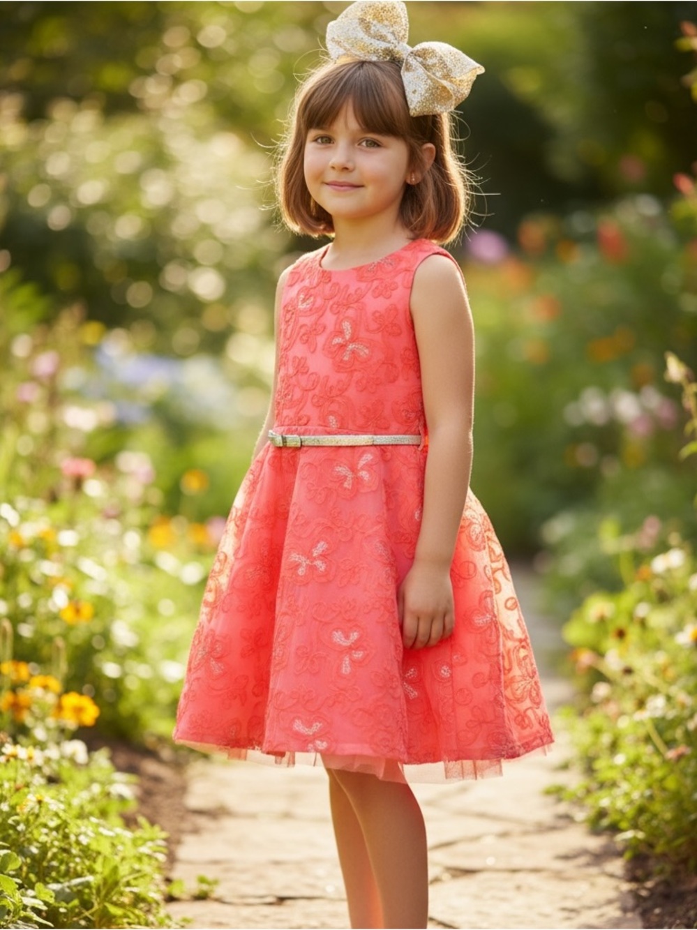 🌺🙂🌺 KNITWORKS  Coral Dress with Gold Bow